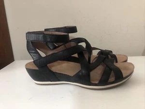 Dansko Black Leather Strappy Cork Wedge Hook & Loop Sandals Women’s Sz 8 EU 39 - Picture 1 of 16