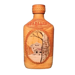 Birkenrinde umwickelt Volkskunst Russisch Sibirien Glas Flasche Flachmann Schnaps Whisky - Bild 1 von 5
