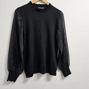 Adrianna Papell Sweater Women’s Medium Black Lace Trim Woven Sleeve Ruffle Neck - Picture 1 of 12