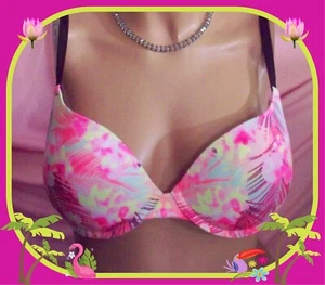Sujetador 32D NEON Aqua Palm Hawaiano Floral Victorias Secret ROSA Plunge PushUp UW - Imagen 1 de 11