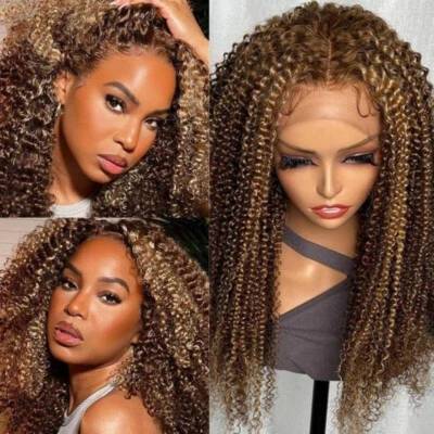 Peluca de cabello humano frontal rizada rubia resaltada de 13x4 encaje indio Ombre sin pegamento Foto 1 de 4