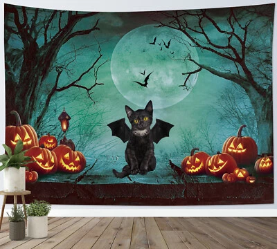 Scary Dead Tree Creepy Black Halloween Cat Tapestry for Bedroom Living Room Dorm - Image 1 of 4
