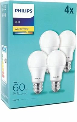 Philips 8W E27 LED Frosted Bulb Warm White 2700K 806lm Non-Dim 4 Pack Energy Sav - Image 1 of 4
