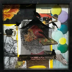 WHAT THEY KNEW... Abstract Bird Cage Collage Art Painting - Steven Tannenbaum - Picture 1 of 12