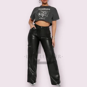 Ladies 100% Genuine Leather Pants Cargo Style Motorcycle Pants for Women LGBT - Picture 1 of 3