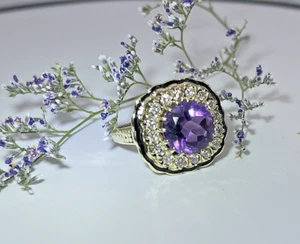 14kt Yellow Gold Amethyst & Diamond Halo Black Enamel Ring Sz 9.25 - Picture 1 of 15