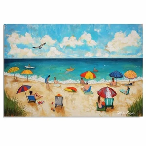 Beach Folk Art Wall Art Print Flat Rolled, Framed or Wrapped Canvas - Picture 1 of 19
