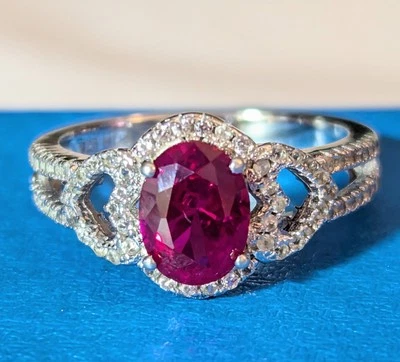 Lab created RUBY & White SAPPHIRES RING 1.67ctw Size 7 Rhodium/925 Silver EUC - Image 1 of 4
