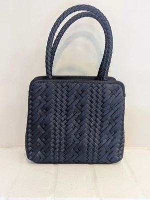 VTG Talbots Navy Satin Basketweave Top Handle Purse Handbag Elegant Zip 90s - Image 1 of 4
