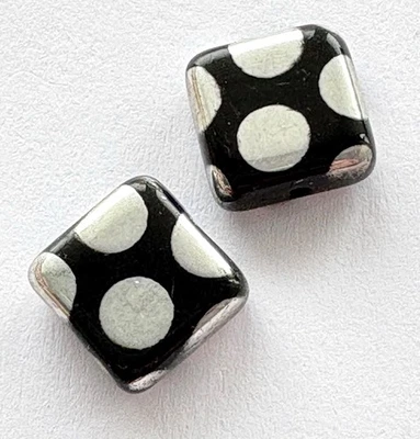 2 SMALL CZECH GLASS SHINY BLACK SQUARE BEADS WITH SILVER SPOTS, 8 X 3 MM - Image 1 of 3