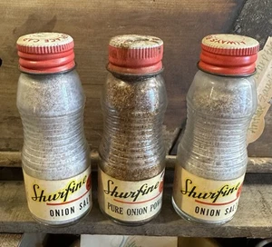 3 alte Gewürzglas Flaschen Gläser Werbung Shurfine nie geöffnet 1950 1960 - Bild 1 von 6