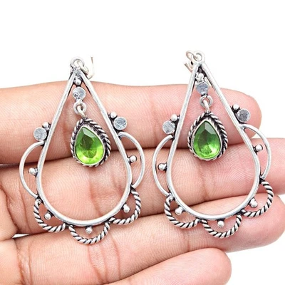 Pendientes de joyería de plata hechos a mano de piedras preciosas de cuarzo peridoto de 1,5"" Foto 1 de 4