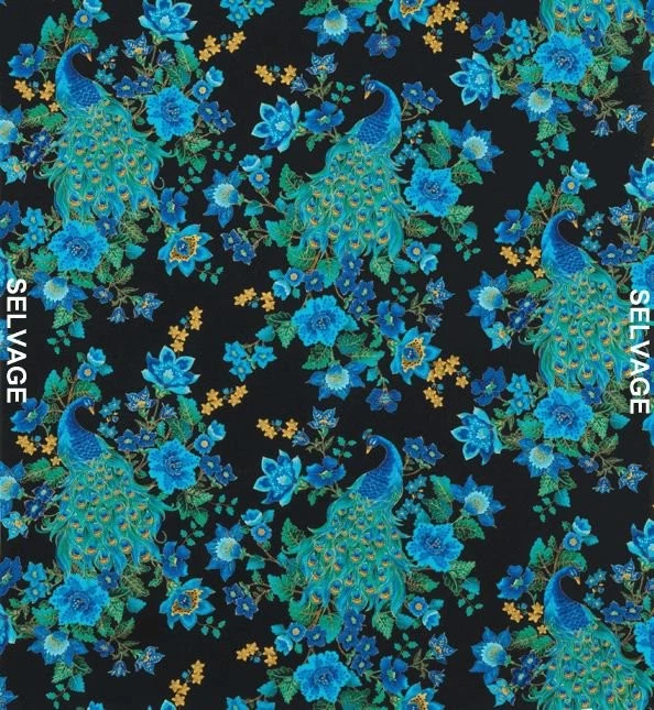 Plume Fabric | Metallic Peacock & Floral Green Black | Timeless Treasures YARD - Image 1 of 1