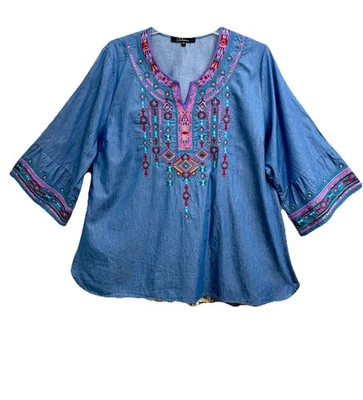 CALESSA EMBROIDERED BELL SLEEVE TOP 2X MIXED MEDIA CHAMBRAY LOOK RUFFLE 3/4 SLV - Image 1 of 4