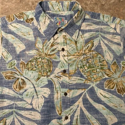 Camisa Jams World Para Hombre XL Azul Piñas Hawaianas Waikiki Manga Corta Algodón Foto 1 de 4