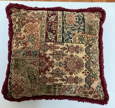 Vintage Handwoven Rug Decorative Neutral Boho Kilim Throw Pillow W/ Fringe 18” - Image 1 of 4
