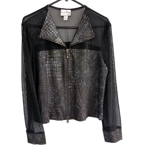 Vintage Joseph Ribkoff US 14 Animal Print schwarz Reißverschluss Top transparente Ärmel Strass - Bild 1 von 11