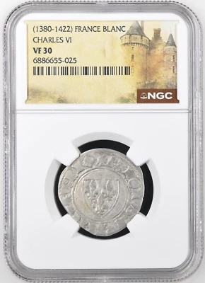 Carlos VI Francia Plata Blanco Guenar 1380-1422 NGC VF30 Era Santa Juana de Arco Foto 1 de 2