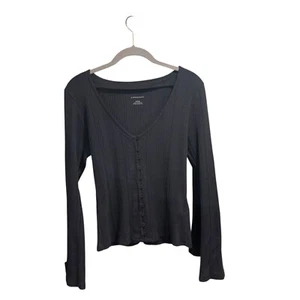 Top donna Anthropologie nero cotone a costine manica lunga con bottoni M gotico boho - Foto 1 di 6