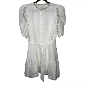 Hale Bob White Daysi Button Up Dress Gold/Silver Trim Puff Sleeves Sz L - Picture 1 of 18