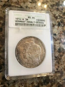 Rare 1914 Anhalt Dessau Germany 3 Mark-ANACS MS64 - Picture 1 of 4