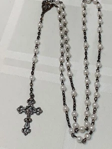 Rosary Faux Pearl Silver Tone Catholic Crucifix Religious Vintage - Picture 1 of 7