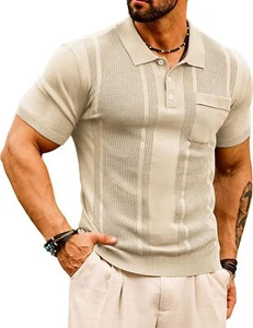 Men's Lightweight Knit Polo Shirt Short Sleeve Waffle Texture Casual Golf Top - Picture 1 of 36