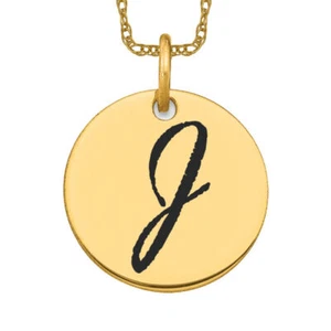 14K Solid Yellow Gold Black Letter J Initial Disk Necklace - Picture 1 of 12