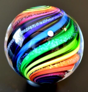 EDDIE SEESE GLASS MARBLE/1.578"-RAINBOW DICHROIC JOSEPH'S COAT-LIME,PURPLE,ORG+ - Picture 1 of 14