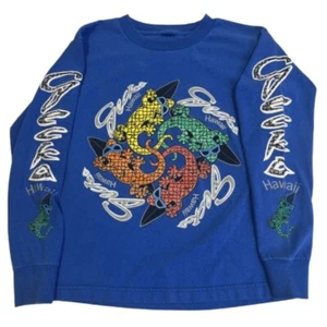 Vintage Surf Youth Kid Large Blue Gecko Hawaii Long Sleeve Beach Graphic T Shirt - Picture 1 of 7