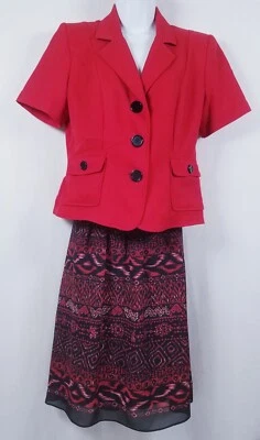 Studio 1 Womens 2 Piece Skirt Suit Red Black Short Sleeve Size 6 - Image 1 of 4