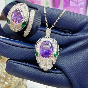 2pc Classical Mother Jewelry Purple Amethyst Gemstone Silver Women Necklace Ring - Picture 1 of 11