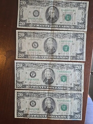$20 Dollar bills Lot of 4 Old Design Small face 1990 Circulated - Image 1 of 4