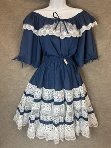 Vintage Dress Blue M Circle Skirt Swing Square Dance Peasant Prairie Cottage - Picture 1 of 11