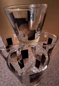 Set of 4 Vintage Atomic Starburst Double Shot Glass Black and Gold Whiskey Glass - Picture 1 of 7