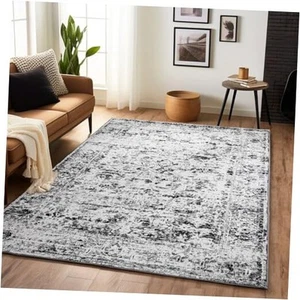 Washable Area Rugs 5x7 Vintage Print Rug Non Slip Low Pile Faux Wool Soft - Picture 1 of 7