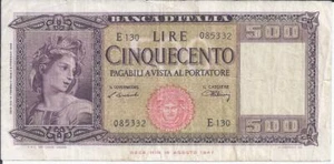 Banca D'Italia Banknotes 500 Lire 1947 Very Good Circulated Italy - Picture 1 of 2