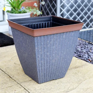 Square Garden Planter Galvanised Silver Plastic Rust Brown Rim Flower Plant Pot - Picture 1 of 4
