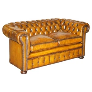 1940'S ENGLISH HAND DYED RESTORED WHISKY BROWN LEATHER CHESTERFIELD CLUB SOFA - Picture 1 of 19