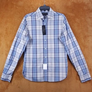 BLOOMINGDALES Shirt Mens Medium Blue Gray Button Up Windowpane Plaid Cotton - Picture 1 of 6