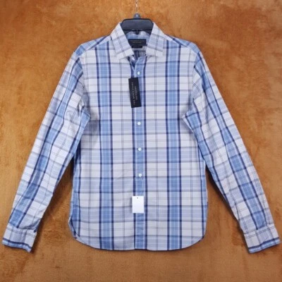 Camisa BLOOMINGDALES Para Hombre Pequeña Azul Gris Abotonada Ventana Cuadros Algodón Foto 1 de 4