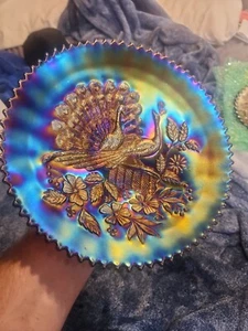 Northwood Peacocks on the Fence Carnival Glass Plate, Electric LAVENDER. HOTT!!! - Picture 1 of 7
