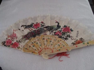 Hand Painted Peacock Peony Flowers Lace Trim Hand Fan 18” Spain - Picture 1 of 6