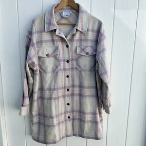 ASOS Women's 8 Plaid Pea Coat Jacket Wool Blend Button Front Beige Purple Long - Picture 1 of 9