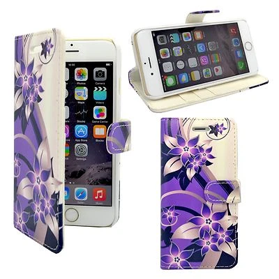 CASE FOR APPLE IPHONE 6 PLUS PURPLE CREAM FLOWER PRINT DESIGN PU LEATHER WALLET - Image 1 of 4