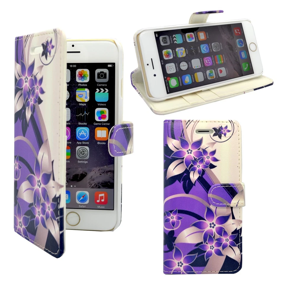 CASE FOR APPLE IPHONE 6 PLUS PURPLE CREAM FLOWER PRINT DESIGN PU LEATHER WALLET - Image 1 of 4