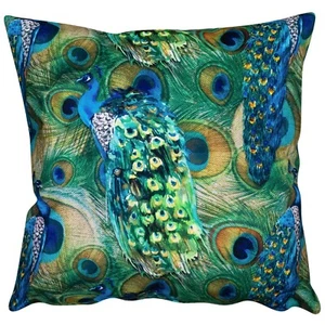 Velvet Peacock Procession Cushion. Bright Blue & Green Feathers. 17x17" Square - Picture 1 of 4