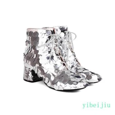 Mujeres Brillantes Lentejuelas Botines Zapatos de Rendimiento Puntera Cuadrada Informal Cremallera Foto 1 de 4