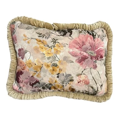 Vintage Brocade Throw Pillow Velvet Piping 20x15” Taupe Gold Pink Burgundy Green - Image 1 of 2