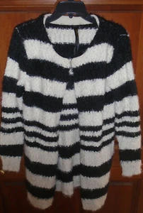 RENEE C. BLACK WHITE STRIPE CARDIGAN SWEATER COAT WOMEN'S SIZE S - Picture 1 of 7